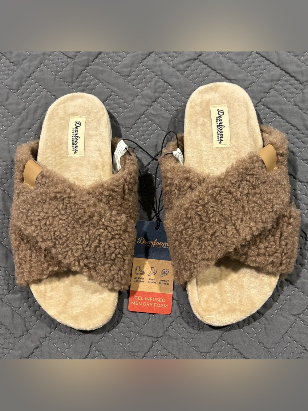 dearfoams Women's Brown Faux Shearling Cross-Band Slide Slippers